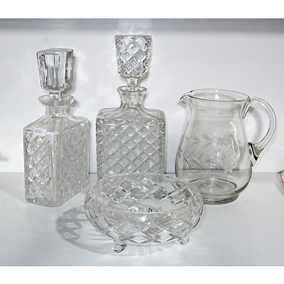 Two Hob Cut Crystal Decanters and Rose Bowl, Plus Cut Glass Jug