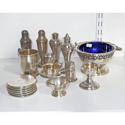 Various Silver Plate, Including Sugar Bow with Blue Glass Liner
