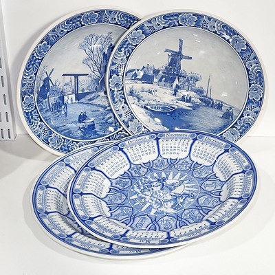 Two Spode Calendar Plates and Two Gouda Delft Type Dishes