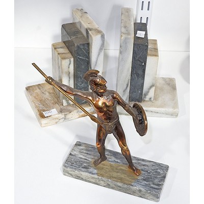 Marble Bookends and Metal Figure of a Roman Soldier
