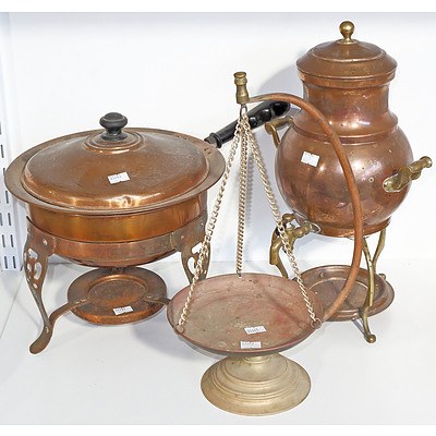 Various Copper Ware, Including Warming Pan and Samovar