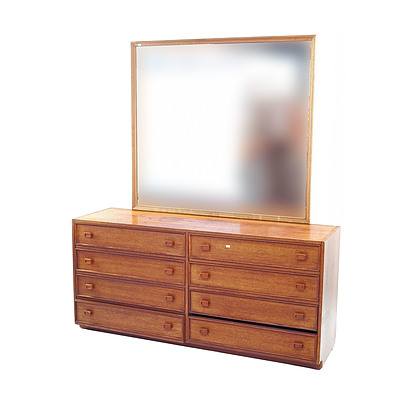 Retro Teak Eight Drawer Dresser Chest with Large Mirror Back