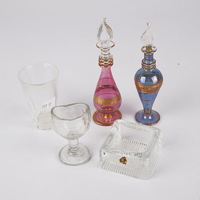 Vintage Glass Eye Wash Cup, Sweden Glass Ink Well, Small Glass and Two Israeli Glass Perfume Bottles