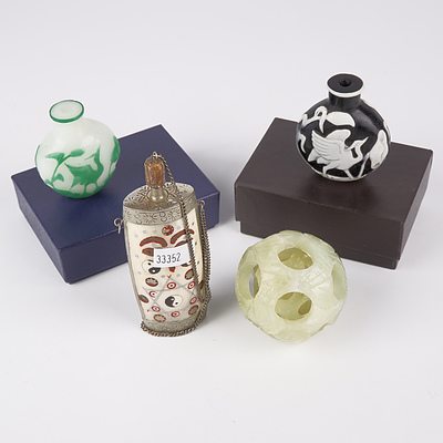 Three Asian Scent Bottles and a Carved Stone Puzzle Ball