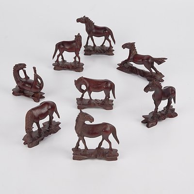 Eight Vintage Miniature Carved Wooden Horse Figurines