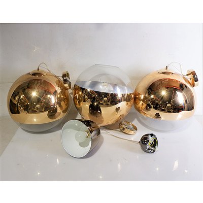 Three Large Contemporary Gilt Glass ball light fittings and a Bronze Metal Pendant Light