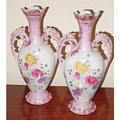Pair of Continental Hand Painted Mantle Vases, Late 19th Century