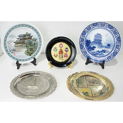 Lot of Decorative Plates Including Lacquer, Porcelain, and Polished Metal