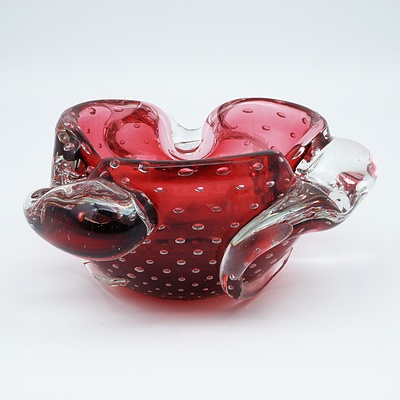 Vintage Murano Cranberry Controlled Bubble Glass Ashtray
