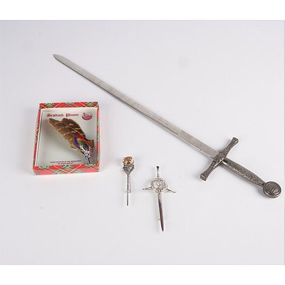 Boxed Scottish Plume, Two Kilt Pins one marked DB, Probably Dawson Bowman and Replica Dirk (45 cm)