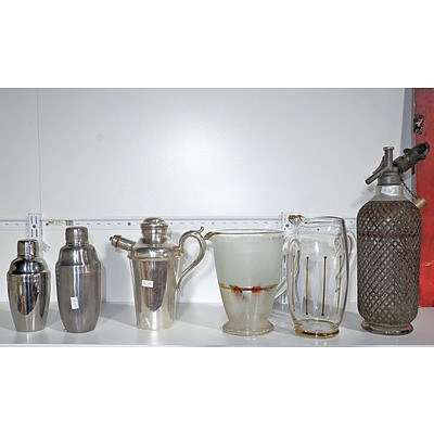 Vintage Soda Siphon, Two Glass Jugs and Assorted Barware