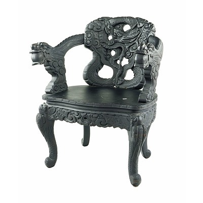 Japanese Export Carved and Ebonized Dragon Armchair Circa 1900