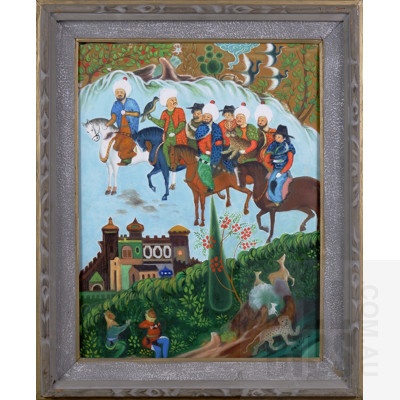 A Framed Oil Painting in the Style of an Ottoman Miniature, 51 x 39 cm
