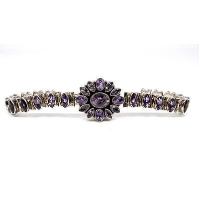 Sterling Silver and Amethyst Bracelet with a Flower Cluster in the Centre