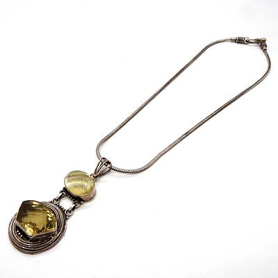 Sterling Silver and Facetted Citrine Hippie Pendant on Round Snake Chain