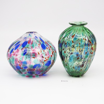 Australian Studio Glass Bud Vase by Eamonn vereker and a Green Glass Vase Marked ML 94 to Base