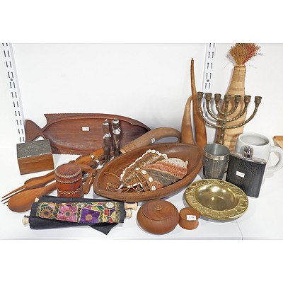 A Selection of Assorted Collectibles including Tribal Wares, Menora, Hip Flask Etc