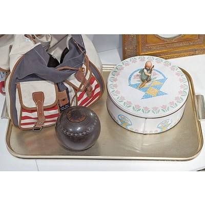 Set of Vintage Lawn Bowls, Biscuit Tin, and Anodised Drinks Tray