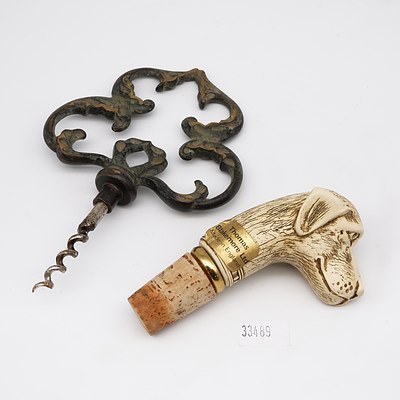 English Thomas Blakemore Stopper with Resin Dog Finial and Cast Metal Cork Screw