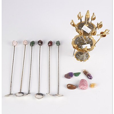 Set of Six Gemstone Handled Coffee Spoons, Sword Hors D'oeuvres Skewer Set (Some Missing) and Small Polished Gemstones