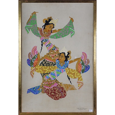 Astawa (Indonesian School, 20th Century), Two Balinese Dancers, Ink on Canvas