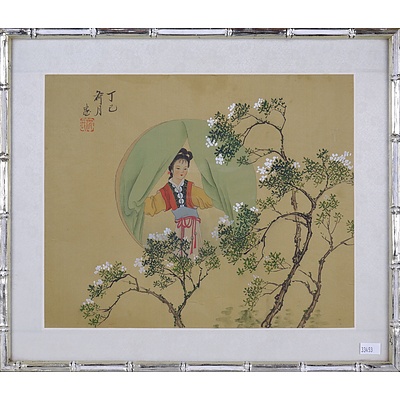 20th Century Chinese Painting on Silk, Young Woman and White Blossoms