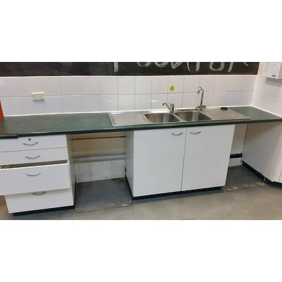 Laminate Kitchen Bench With Sink, Pantries, Cupboards and Drawers