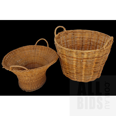 Large Rustic Cane Handled Basket and a Vintage Cane Washbasket (2)