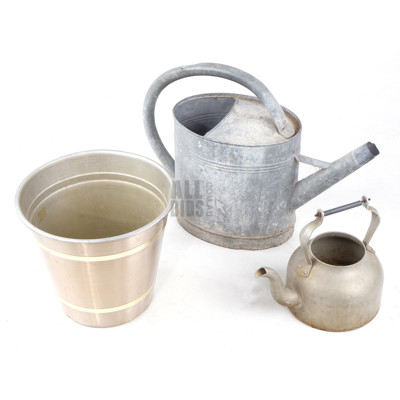 Vintage Galvanised Watering Can, Anodised Planter Pot and Aluminium Kettle (3)