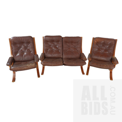 Mid Century Danish Deluxe Three Piece Lounge Suite in Teak and Brown Leather