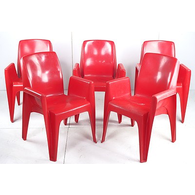 Set of Five Retro Sebel Red Moulded Plastic Armchairs