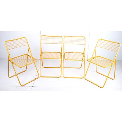 Set of Four Retro Yellow Metal Folding Patio Chairs