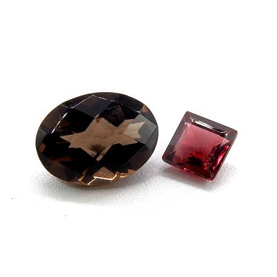 One Oval Facetted Smoky Quartz and Carre Cut Garnet