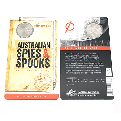 Two 2019 Uncirculated 50 Cent Coins, Australian Spies and Spooks - 70 Years of Asio