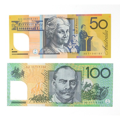 First Prefix 2011 $100 Notes AA11719162 and $50 AA11046161