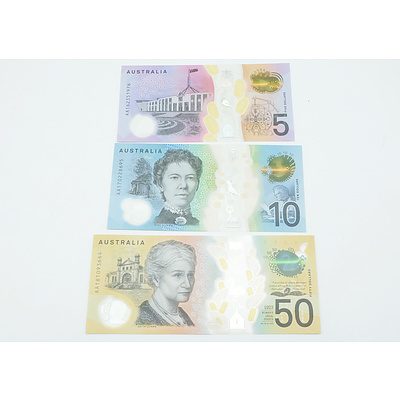 Three New Generations First Prefix Notes, $50 AA181093664, $10 AA170228695 and $5 AA162351976