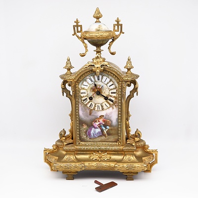 French Louis XV Style Ormolu and Sevres Style Mantle Clock, Late 19th Century, Gears Stamped Breocot