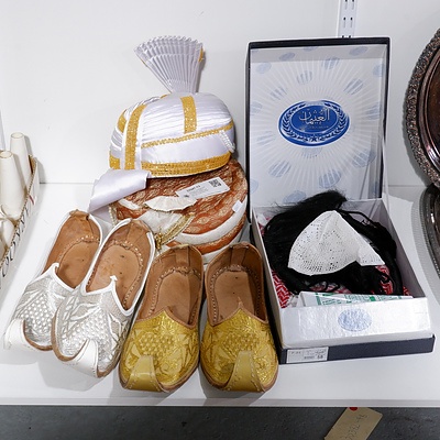 Collection of Vintage Arabic Traditional Clothing - Two Pairs of Shoes, Shirt and Two Ceremonial Hats