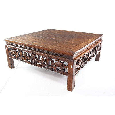 Large Vintage Chinese Square Low Table the Pierced Aprons Carved with Bats and Cloud Scrolls, 20th Century