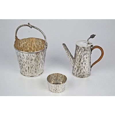 English Aesthetic Movement Silver Plated and Cane Handled Chocolate Pot, Sugar Bowl and Sweets Pail, Hukin and Heath