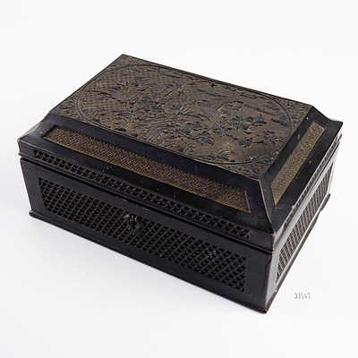 Suburb Antique Chinese Export Moulded and Carved Black Lacquer Decorated and Pewter Lined Humidor