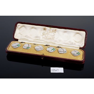 Set of Six Art Deco Sterling Silver and Enamel Buttons in Original Box