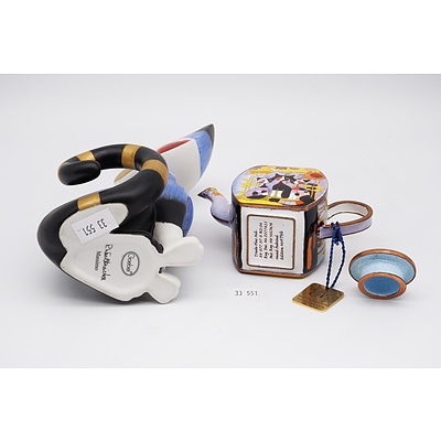 Miniature Trade Plus Aid Enameled Metal Teapot and Goebel Rosina Wachtmeister Massimo Porcelain Cat