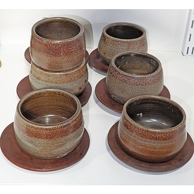 Seven Bendigo Stoneware Bowls, Six with Wooden Under Dishes 