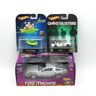 Boxed Welly 1:24 DeLorean Time Machine, and Boxed Hot Wheels Ghost Busters and The Jetsons Cars