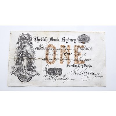 WITHDRAWN The City Bank Sydney, One Pound, 26 January 1869 (HAND DRAWN INNUENDO)