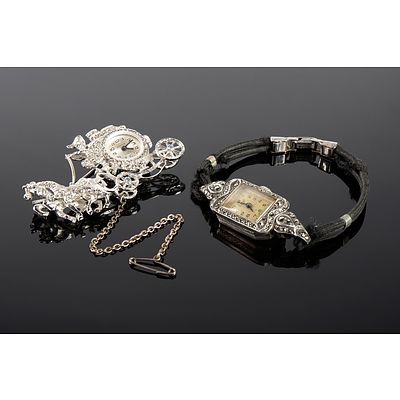 Vintage Watch in Sterling Silver and Marcasite Coach Brooch and a sterling Silver & Marcasite Ladies Watch (2)