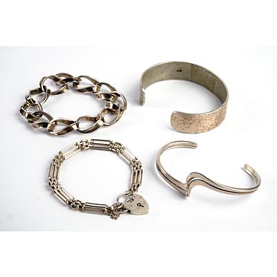 Two Sterling Silver Cuff Bangles and Two Bracelets - One with Padlock Charm