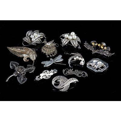 Ten Various Sterling and Silver Brooches including Hallmarked Pierce & Thompson Birmingham