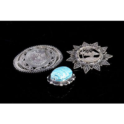 Two Vintage Egyptian Silver Brooches and a Silver and Porcelain Scarab Brooch